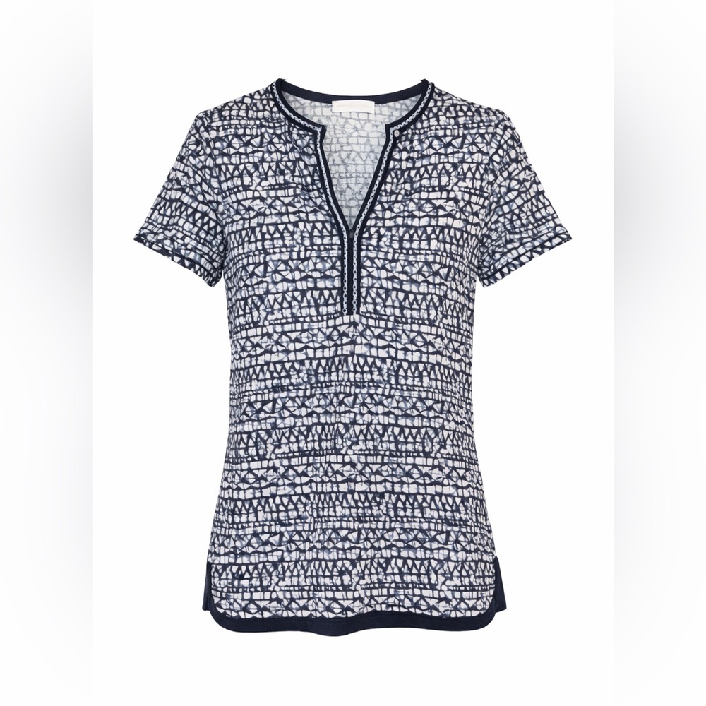 Tory Burch Nic Linen Tee Navy White Beaded V Neck XS